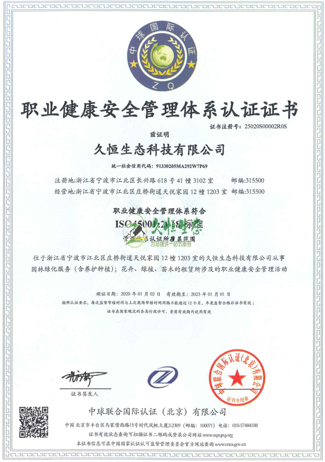 镇海职业健康安全管理体系ISO45001证书
